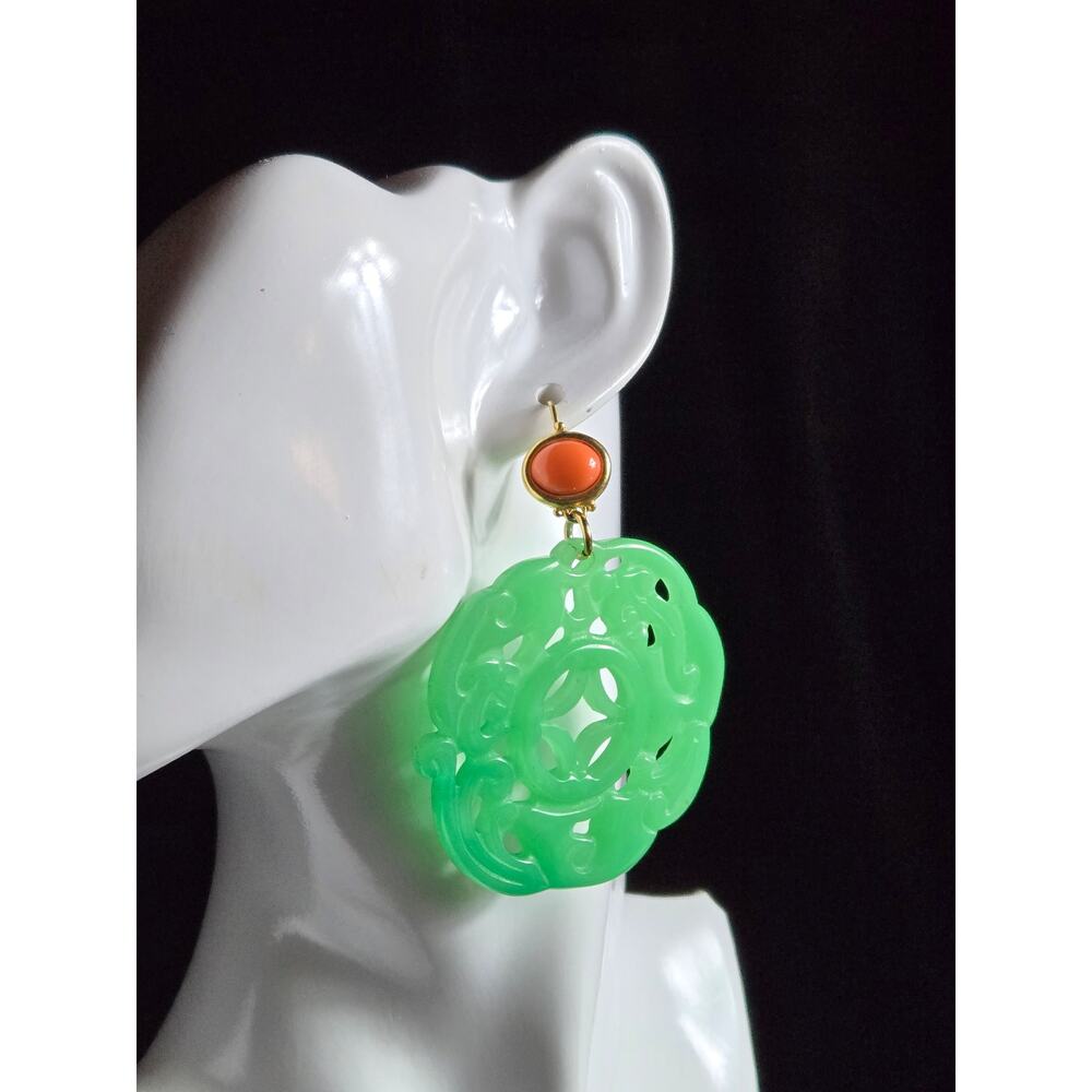 Vintage Kenneth Jay Lane KJL BALI Carved Green Statement Earrings